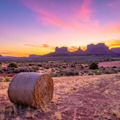 Hay bale in desert landscape at sunset