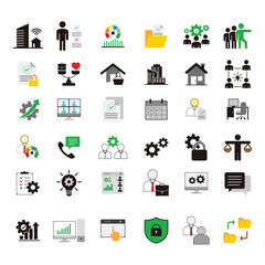 Minimalist hybrid work icons set vectors Containing remote work, home, office, flexibility, Freelance