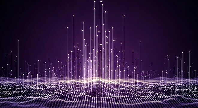 Abstract digital data visualization with glowing particles rising from a wavy surface in a dark purple environment