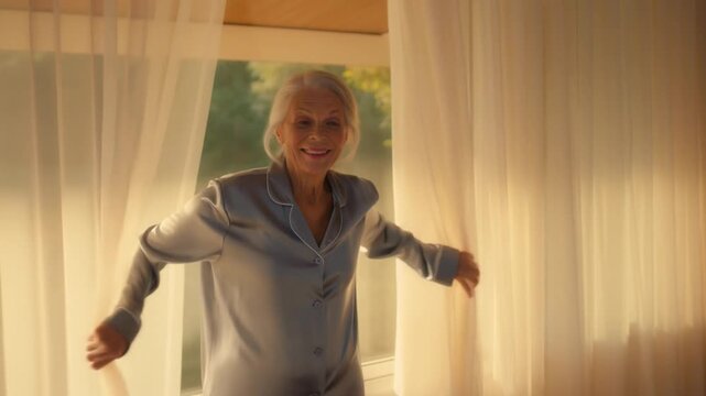 A woman standing by a window, with the sun's warm light streaming through. She seems serene and content in a comfortable house. Stock Video