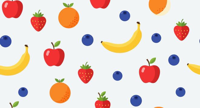 A cheerful flat design seamless pattern showcasing a colorful variety of fresh fruits and berries, ideal for healthy eating themes or food packaging.