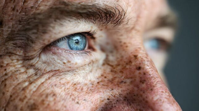 Extreme close up captures texture of weathered skin surrounding an intensely blue human eye.