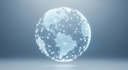 Futuristic digital rendering of planet Earth, showcasing a global network of interconnected nodes and lines representing worldwide communication and data exchange