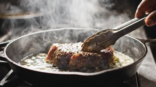 Sizzling steak cooking demonstration kitchen culinary art indoor close-up flavorful techniques