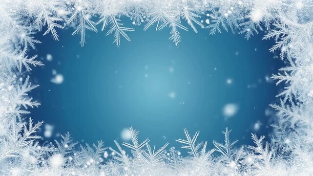A beautiful winter background with a frosty snowflake border and falling snow on a blue gradient.