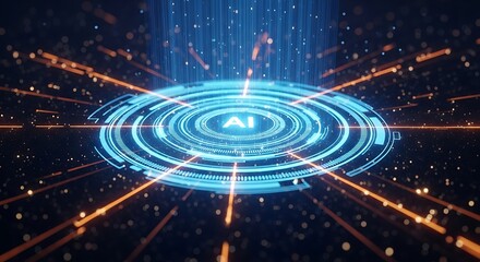 Abstract digital representation of artificial intelligence with glowing blue circuits and data streams on a dark background