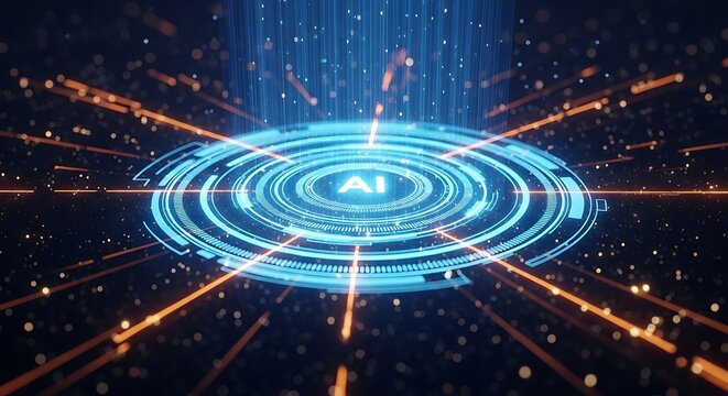 Abstract digital representation of artificial intelligence with glowing blue circuits and data streams on a dark background - Powered by Adobe