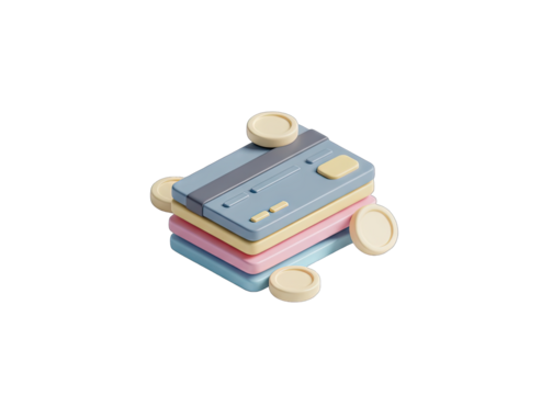 Stack of Pastel Colored Plastic Credit Cards With Golden Coins and Transparent Background Minimalist 3D Render Isolated on Black