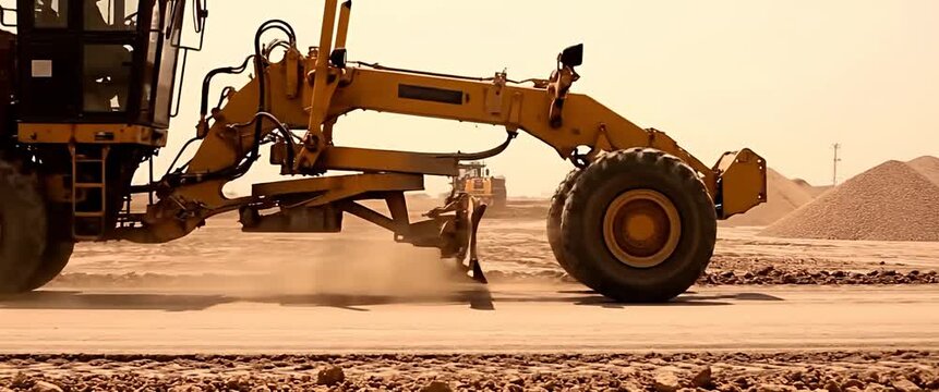 Heavy yellow motor grader machine leveling ground at dusty construction site road building