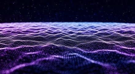 Abstract digital landscape of glowing purple and blue particles forming undulating waves against a dark, starry background
