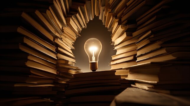 Illuminated incandescent bulb rests atop a stack of books forming an archway in darkness