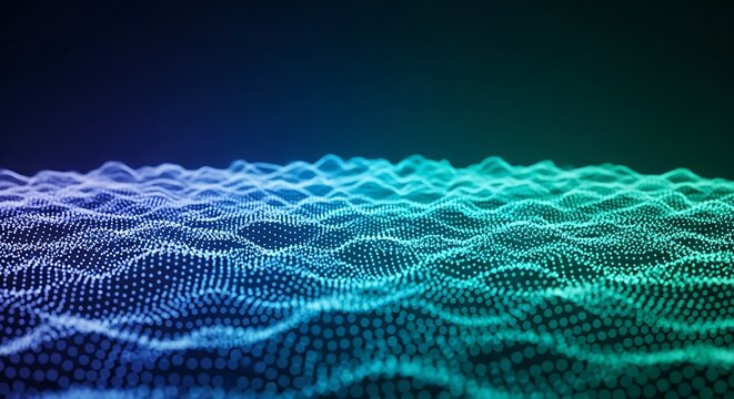 Abstract digital wave pattern with blue and green glowing particles, representing data flow and connectivity in a futuristic network