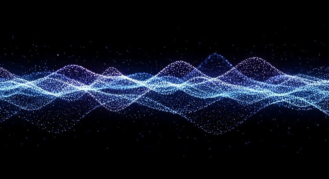 Abstract visualization of glowing blue and purple particles forming undulating waves against a dark background, representing data flow or sound waves