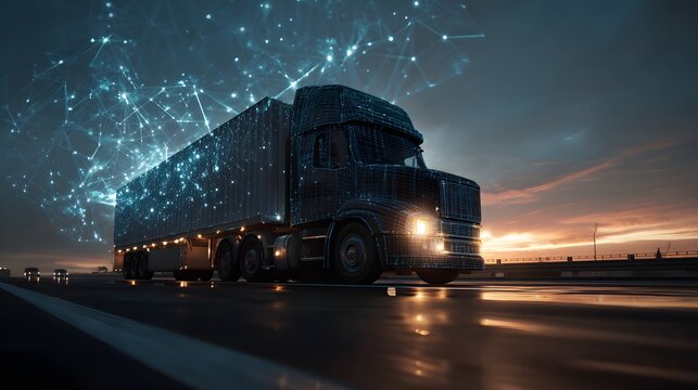 Digital data network illuminates a moving freight vehicle during twilight on a wet roadway