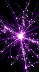 Fototapeta premium Abstract visualization of a glowing purple neural network or data structure against a dark background, with bright light emanating from the center