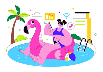 Freelance Workers Relaxing by the Swimming Pool Vector Illustration Featuring People Drinking Cocktails and Using Laptops in a Flat Background