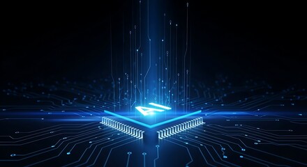 Abstract glowing blue ai chip on a dark circuit board background with light beams emanating upwards, symbolizing artificial intelligence and technology