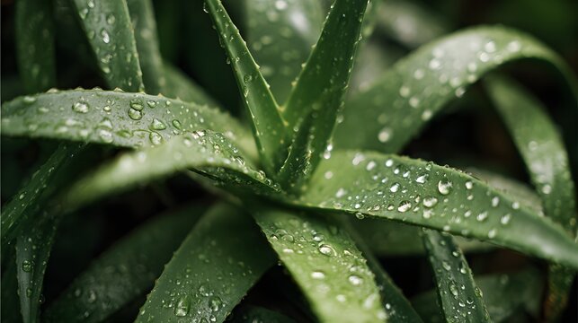 Succulent plant leaves glisten with numerous clear water droplets after a fresh rain shower