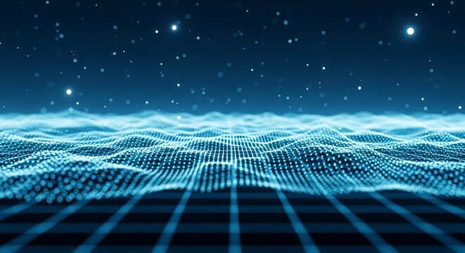 Abstract digital wave pattern with glowing particles in a dark blue starry sky