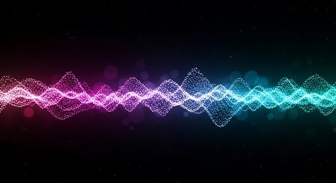 Abstract visualization of a sound wave or digital signal, rendered with glowing particles in vibrant pink and cyan hues against a dark background