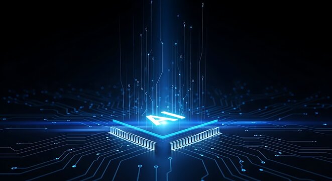 Abstract glowing blue ai chip on a dark circuit board background with light beams emanating upwards, symbolizing artificial intelligence and technology - Powered by Adobe