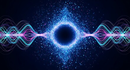 Abstract glowing blue and pink energy waves emanating from a central dark void, representing a cosmic phenomenon or digital data stream