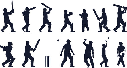 Naklejka premium Cricket player silhouettes, batting, bowling, fielding actions, sports movement, athlete poses, wicket keeping, cricket vector art, dynamic sports illustration