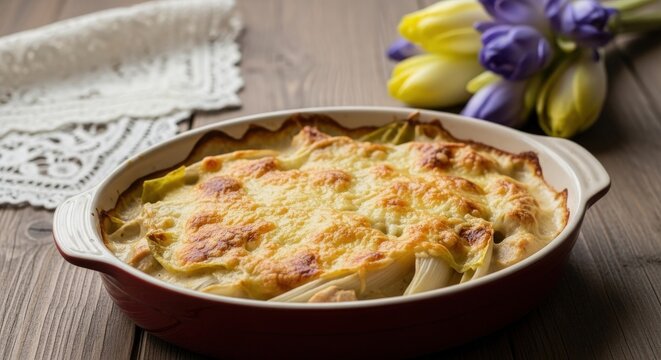 Creamy Belgian Endive and Chicken Bake with Golden Cheese Crust in Soft Winter Light