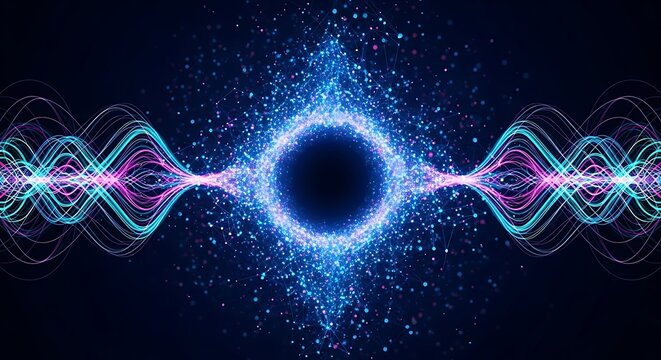 Abstract glowing blue and pink energy waves emanating from a central dark void, representing a cosmic phenomenon or digital data stream