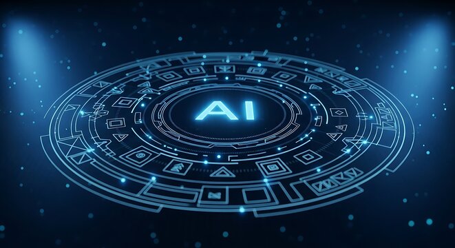 Futuristic ai digital interface with glowing blue circuits and data streams, representing artificial intelligence and technology