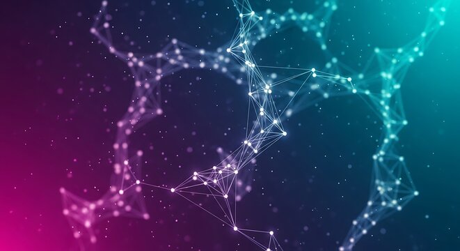 Abstract network of glowing nodes and lines, representing data connections and digital communication, with a gradient background