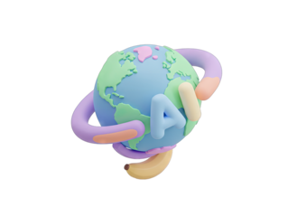 Stylized 3D Earth Icon Embraced by Pastel Colored Tentacles with AI Text and Banana on Transparent Background