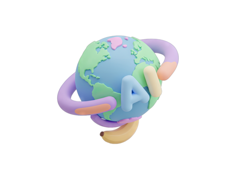 Stylized 3D Earth Icon Embraced by Pastel Colored Tentacles with AI Text and Banana on Transparent Background