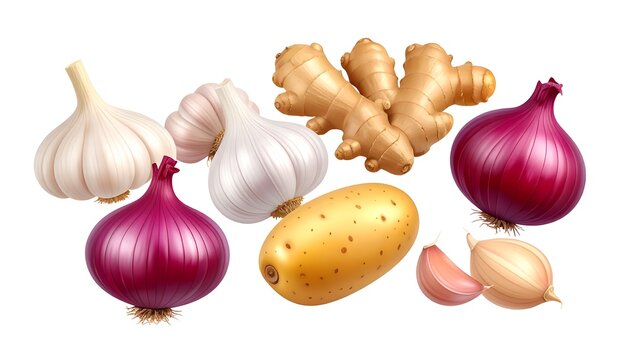 A vibrant collection of fresh, digitally rendered culinary ingredients arranged against a bright white backdrop