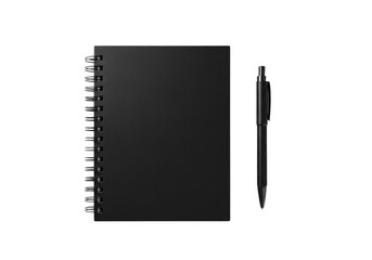 Black spiral notebook and pen isolated on transparent background