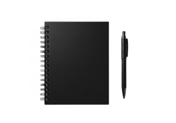 Black spiral notebook and pen isolated on transparent background