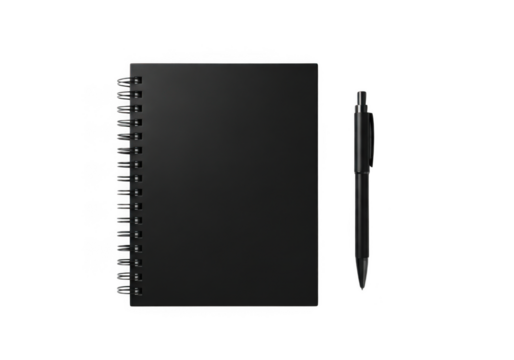 Black spiral notebook and pen isolated on transparent background