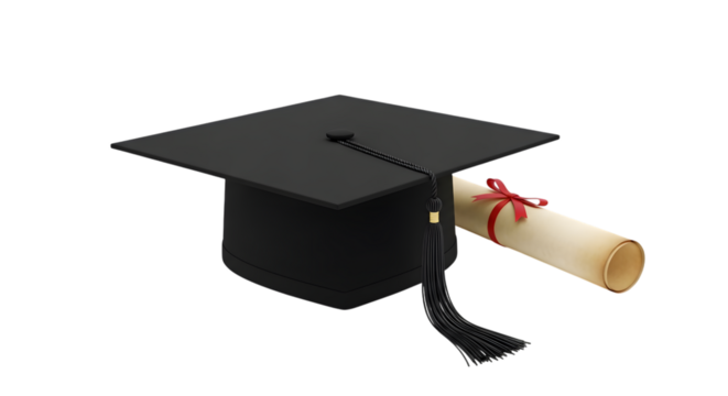 Black Graduation Cap with Tassel and Diploma Scroll on Black Background academic education isolated on a transparent background