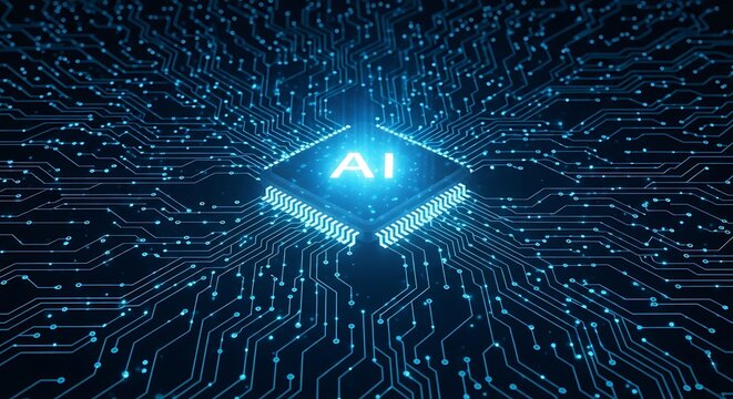 Glowing ai chip at the center of a digital circuit board, symbolizing artificial intelligence and advanced technology