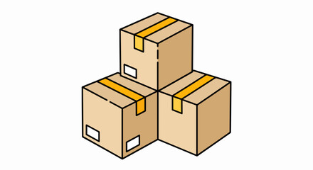 Isometric Stack of Three Cardboard Shipping Boxes with Yellow Tape and White Labels, Isolated on White for Logistics and Moving Concepts