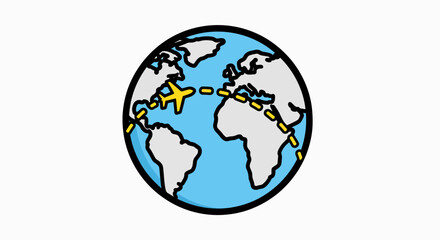 Global Flight Route: Cartoon Airplane Tracing a Dotted Path Across the World Map