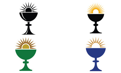 Colorful goblet icon set with sunrise design on white background  
