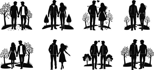 Romantic couple silhouette, walking hand in hand, love scene vector, outdoor relationship icons, black illustration, affection, nature, hearts, bonding