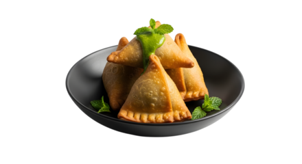 Golden Fried Samosas with Mint Chutney and Mint Leaves on a Dark Plate Keywords: samosas, fried, golden, pastry, Indian food, snack, appetizer isolated on a transparent background
