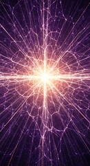 Obraz premium Abstract glowing purple and orange starburst pattern with intricate lines radiating outwards from a bright center, creating a sense of energy and cosmic expansion
