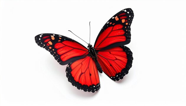 "A vivid red butterfly with black-edged wings and white spots rests against a plain white background. Its symmetrical form and bold coloration highlight the elegance and complexity of natural design." - Powered by Adobe