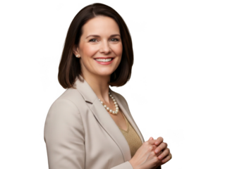 Smiling woman in blazer isolated on transparent background