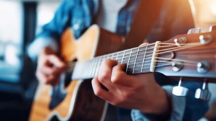 Person playing acoustic guitar strings closeup musical instrument hands play music art hobby leisure - Powered by Adobe