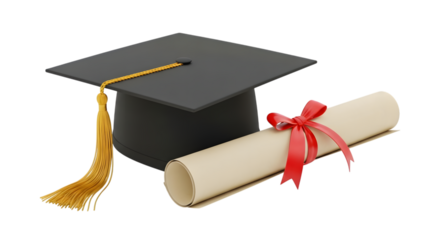 Graduation Cap and Diploma with Red Ribbon on Black Background Keywords: graduation, cap, diploma, degree, certificate, academic, education isolated on a transparent background