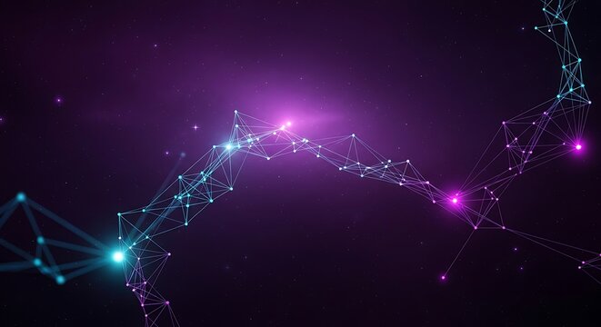 Abstract digital network of glowing nodes and lines, representing data connections and artificial intelligence in a futuristic purple and blue